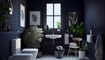 伝統的なスカンジナビア スタイルの憂鬱なバスルームのブルース、Generative  AI、メランコリー、薄暗いソーク、浴室