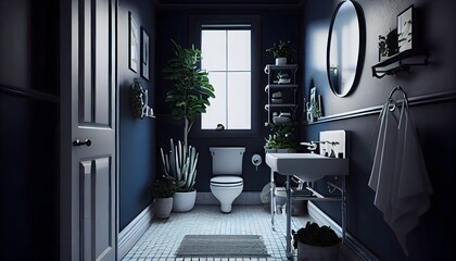 伝統的なスカンジナビア スタイルの憂鬱なバスルームのブルース、Generative  AI、メランコリー、薄暗いソーク、浴室