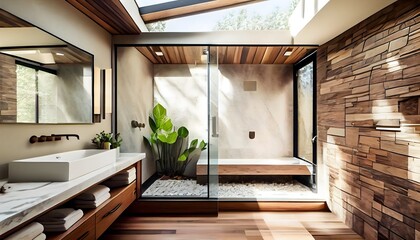 Relaxing onsen (hot spring) in the Japanese manner, surrounded by scenic forest, generative ai, Natures Touch An Earthy and Soothing Bathroom