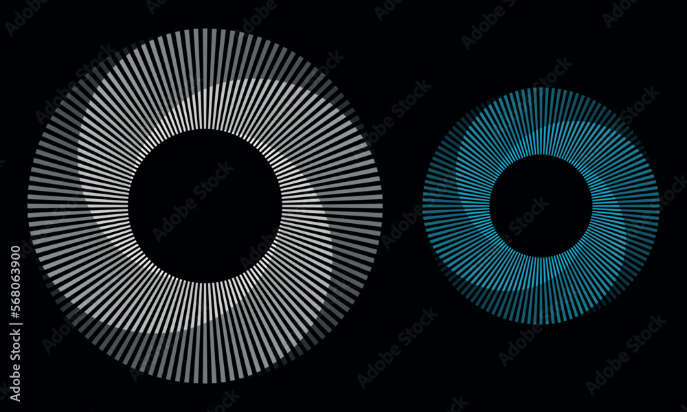 Leinwandbilder Set of circles with lines. Lines in one color with different opacity. White and blue spirals on black background. Dynamic design element with 4 parts.