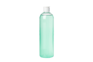 Natural green cosmetic tonic, serum, micellar water isolated on white background. Transparent cosmetic bottles. With dispenser