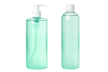 set. Natural green cosmetic tonic, serum, micellar water isolated on white background. Transparent cosmetic bottles. With dispenser