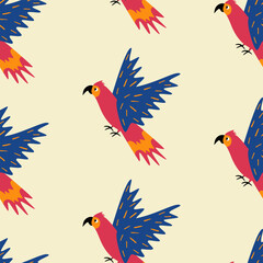 Colorful parrots hand drawn vector illustration. Cute exotic macaw bird in flat style seamless pattern for kids fabric or wallpaper.