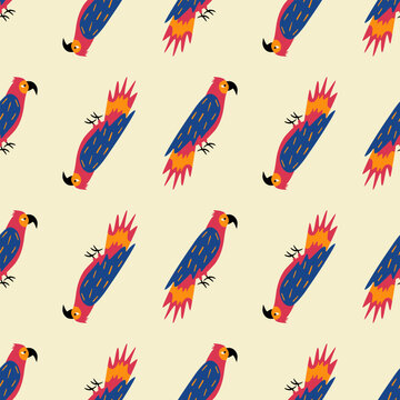 Cute colorful parrots hand drawn vector illustration. Funny jungle ara bird in flat style seamless pattern for kids fabric or wallpaper.