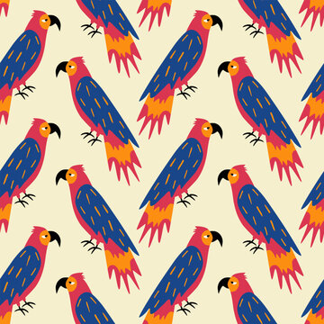 Colorful parrots hand drawn vector illustration. Funny jungle macaw bird in flat style seamless pattern for kids fabric or wallpaper.