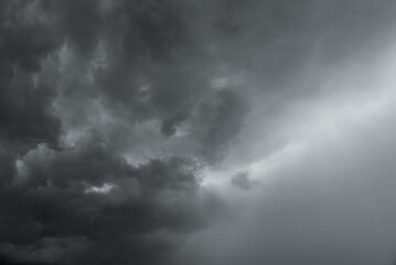 dark clouds make sky in black. Heavy rain thunderstorm . Pattern of clouds overcast predict tornado, Hurricane or thunderstorm and rainy.