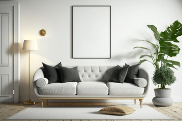 Scandinavian style living room with white sofa and wood floors and mock up poster frame,. Generative AI