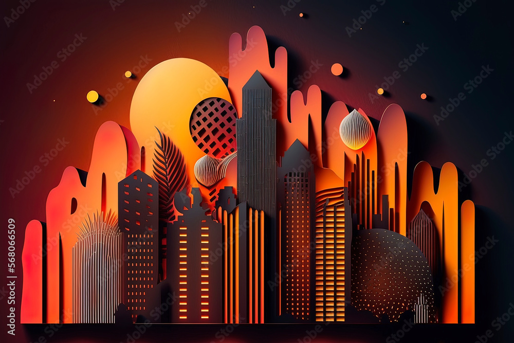 Wall mural Night neon city paper cut. AI