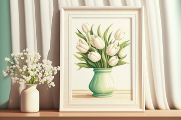 Decorated interior of a home. Mockup with a light background and white tulips in a vase in a white frame. Generative AI