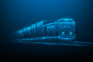 train cargo logistics technology on blue dark background.  delivery truck consist of lines, dots and triangle. business worldwide shipping. cargo technology. vector illustration fantastic digital. © Yellow duck