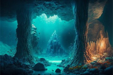 Deep blue frozen crystal cave system under the sea with ice pillars subaquatic scenery illustration