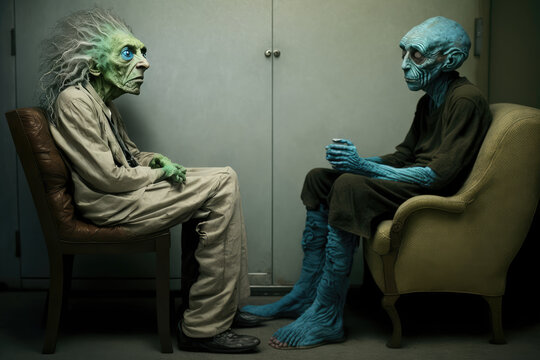 Two aliens sitting in a room looking depressed