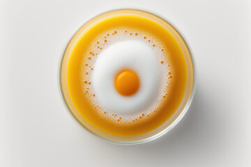 Top view of a simple glass filled with a yellow soft drink and white froth. White backdrop with an isolated image. circular copy area in the middle. Generative AI