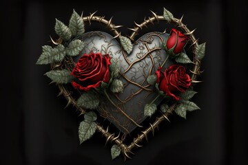 Dark love heart made of roses and thorns fantasy illustration design