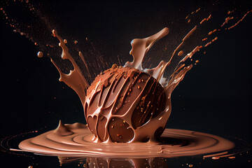 Chocolate ball fall into milk, splash and dramatic. Generative AI