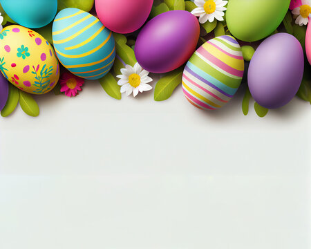 Colorful Happy Easter banner with eggs. Decorative template for spring poster, greeting card, invitation. Generative AI
