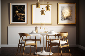 Wooden chairs at table under white lamp in dining room interior with gold painting and tubes. Idea for interior design. AI