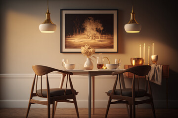 Wooden chairs at table under white lamp in dining room interior with gold painting and tubes. Idea for interior design. AI