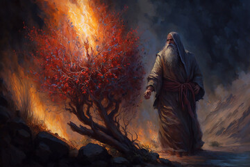 Moses and the Burning Bush painting style - obrazy, fototapety, plakaty