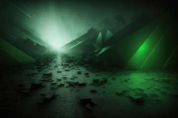 Green abstract and fantasy-like rocky foggy landscape, a road leading to the unkown | Generative AI