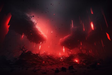Naklejka na ściany i meble Red abstract and fantasy-like rocky foggy landscape, a road leading to the unkown | Generative AI