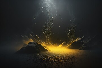 Yellow abstract and fantasy-like rocky foggy landscape, a road leading to the unkown | Generative AI