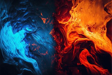 Red and blue fire on black background, Abstract multicolored Background, Vector Illustration, stone textured. Contrast, ying yang concept.
