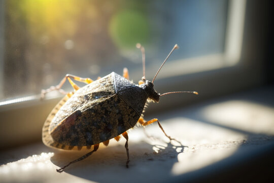 Stink bug in the sunshine on a window's glass surface. Generative AI