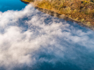 Aerial view of Lough fad in the morning fog, County Donegal, Republic of Ireland