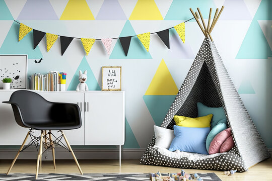 Triangles wallpaper and a poster mockup on the wall of a cheerful children's room with pastel furnishings and a knot cushion on a rocking chair. real picture. Generative AI