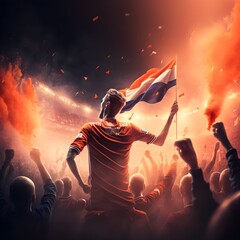 Campaign visual for the Dutch national soccer team full of cheering fans 8K insanely detailed and intricate elegant super detailed 8K landscape photo realistic cinematic lighting epic epic lighting 