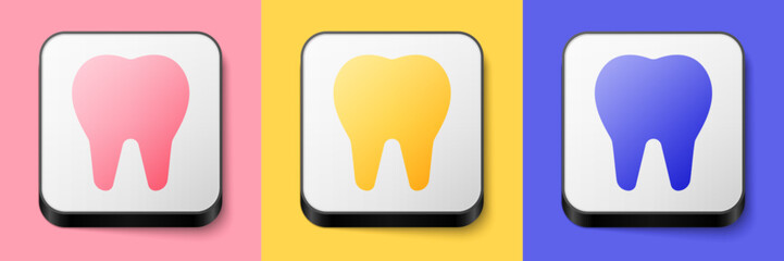 Isometric Tooth icon isolated on pink, yellow and blue background. Tooth symbol for dentistry clinic or dentist medical center and toothpaste package. Square button. Vector