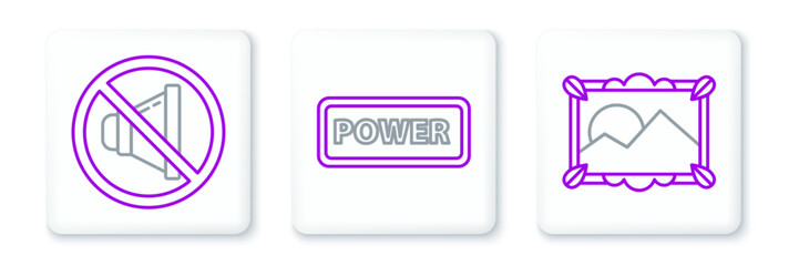Set line Picture landscape, Speaker mute and Power button icon. Vector