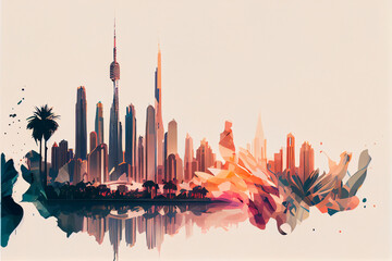 Poster, abstract watercolor illustration of landmarks, skyscrapers of Dubai, double exposure. AI generated.