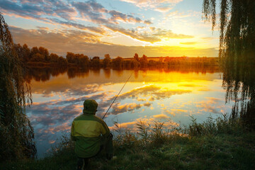 Fisherman seated by lake at sunset under dramatic sky - 568070786