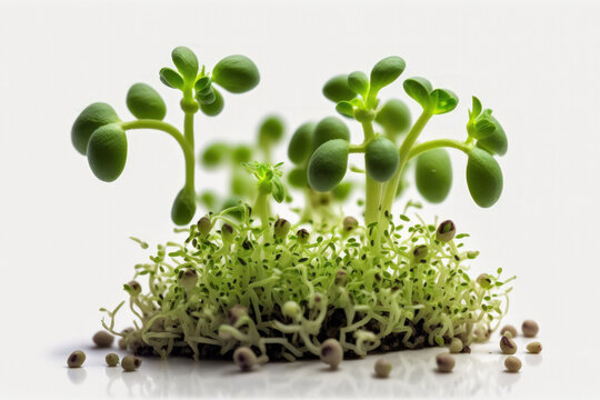 macro food image of green lentil sprouts on a white background. French green lentil sprouts, often known as Puy lentils. Healthy microgreen Lens esculenta puyensis seedlings and young plants are green