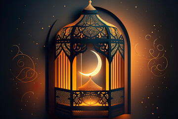 Oriental Arabic Islamic night lantern with magical oriental fairy light Ramadan paper cut lantern. AI
