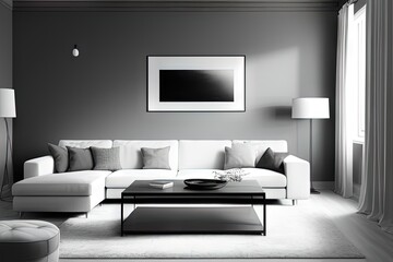 Monochromatic picture of living room with a white couch and a coffee table in it and a picture hanging on the wall.generative Ai.