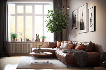 Scandinavian design in a roomy living area with a cozy brown corner sofa. Generative AI