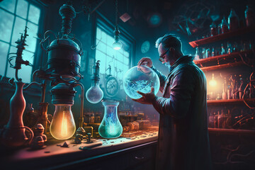 Picture capturing a researcher at work, grasping a flask with their hand while surrounded by various scientific instruments in a lab setting - obrazy, fototapety, plakaty