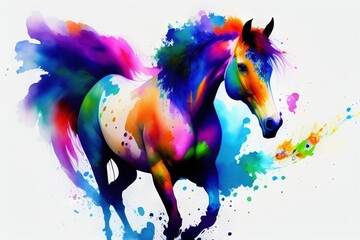 Obraz na płótnie Canvas a colorful horse running with a splash of paint on its face and tail, on a white background