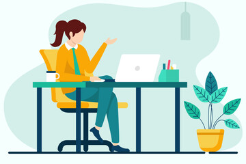 Young woman sitting at the table and working on laptop. Flat vector illustration.
