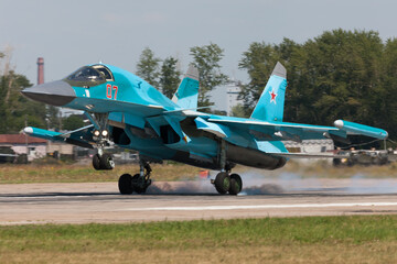 Su-34 Fullback Fighter-Bomber jet of the Russian Air Force at Ryazan Engels Air Force Base - obrazy, fototapety, plakaty