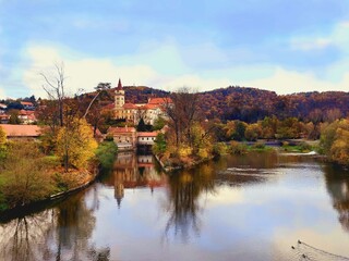 Sazava Monastery, Central Bohemian Region, Czech Republic, panoramic view from the bridge over the Sazava River