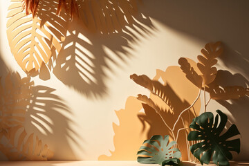 Tropical foliage naturally cast a shadow on the beige wallpaper of the room, serving as a backdrop for a mockup and overlay for a product presentation. The concept is uncomplicatedly natural and the b