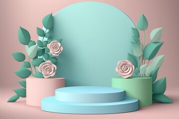 Pastel color 3D podium stage whit minimal shape and rose floral, good for  Product presentation, mock up, show natural cosmetic product, display product, showcase, Promotion display. by ai generative