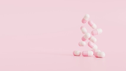 Obraz na płótnie Canvas group of antibiotic pink pills capsules fell. Healthcare and medical. 3D illustration background.