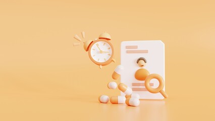 pill, clock, and capsules, and instructions for use. Concept of health, pharmacy, medicine, checking the correct dosage. The remainder of timely treatment. Reminder to take medicine. 3D illustration