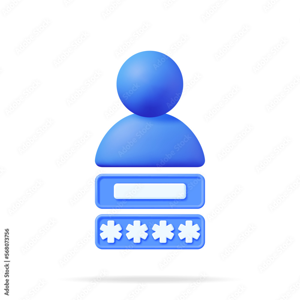 Poster 3d user login form page isolated. render password hidden stars in sign in account. computer data pro