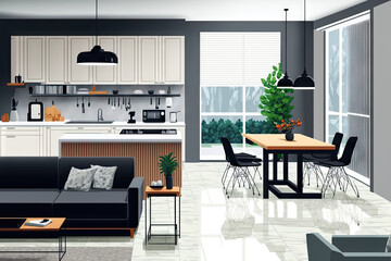 Kitchen and living room fully furnished. residential building interior. Generative AI